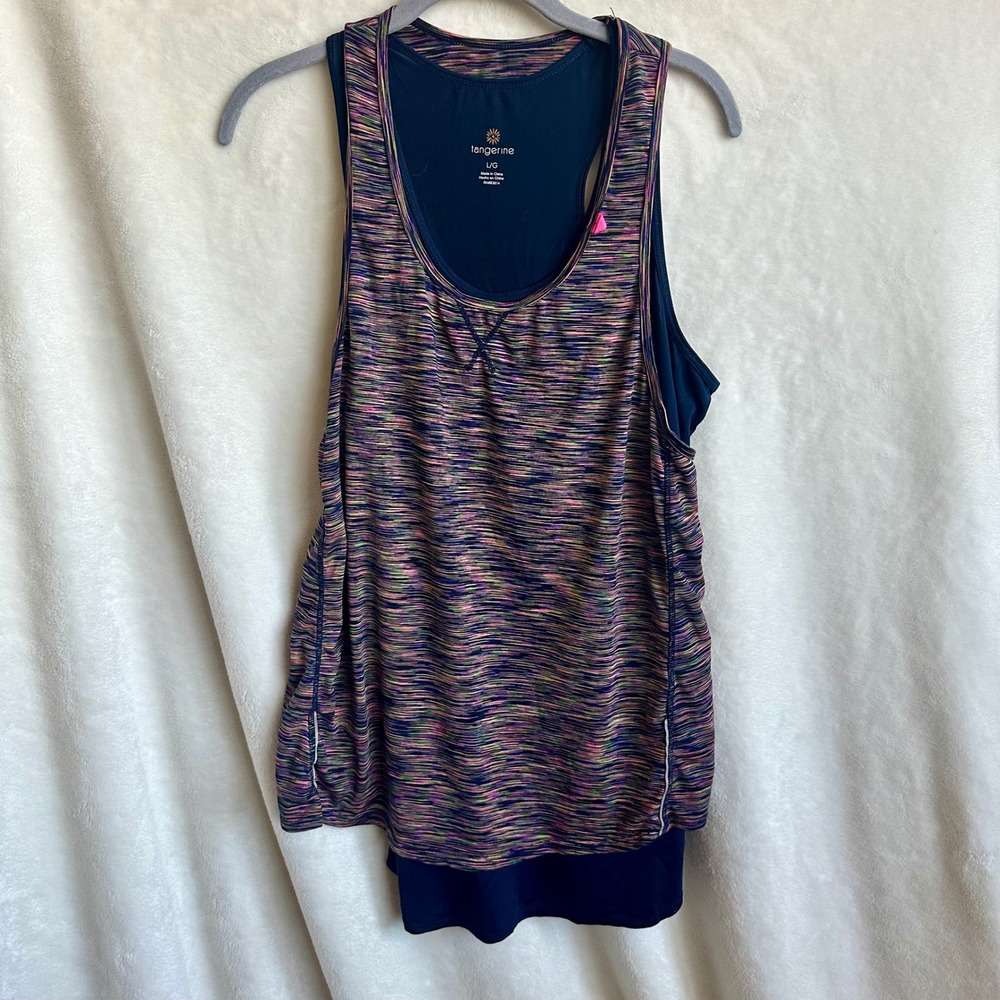 Tangerine Layered Tank Navy‎ Blue Multicolor Stripe 2 in 1 Size Large Athletic